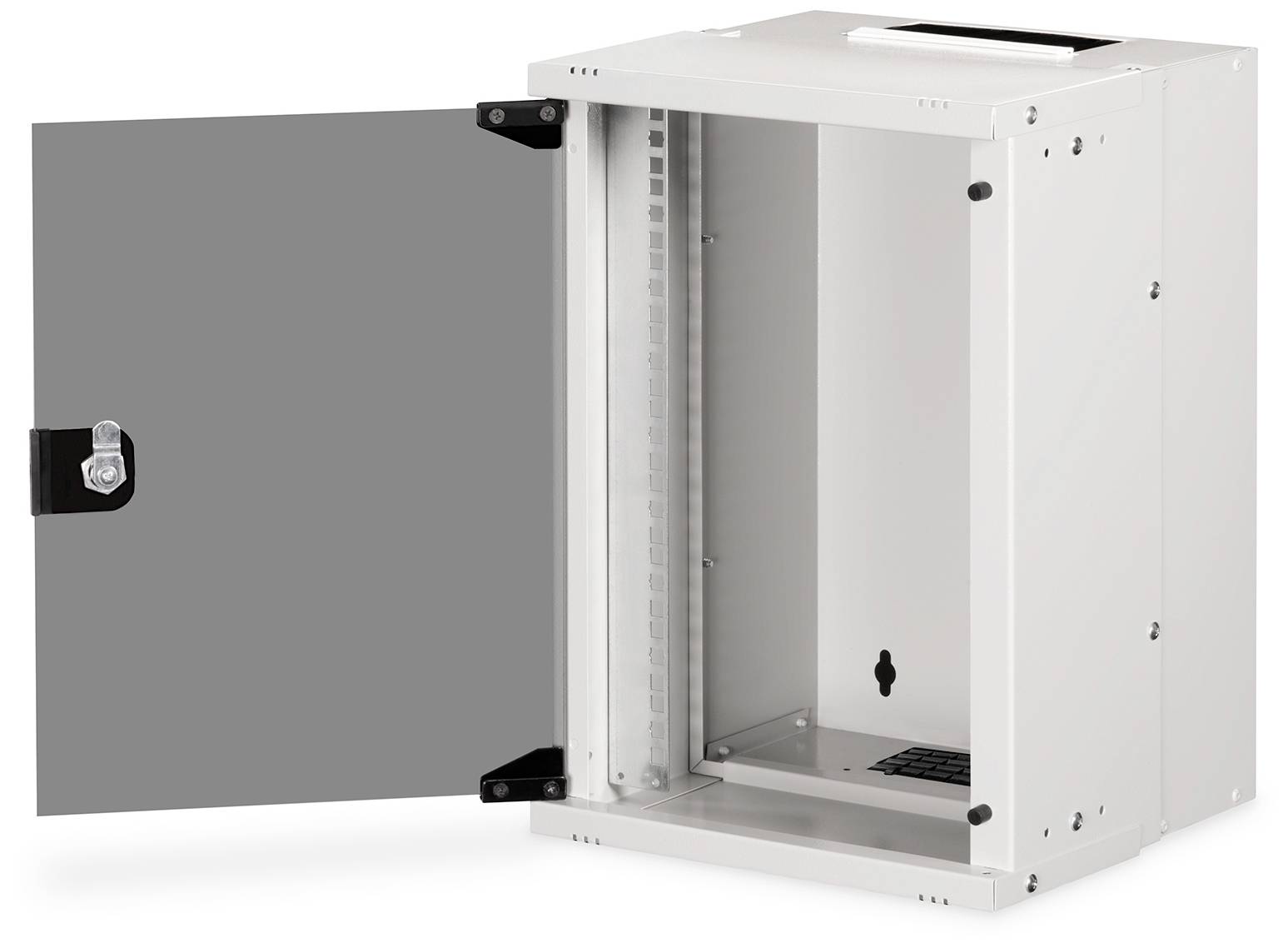 Wandgehäuse aus Metall mit offener Tür, geeignet zur Aufbewahrung von Netzwerk- oder Serverkomponenten.