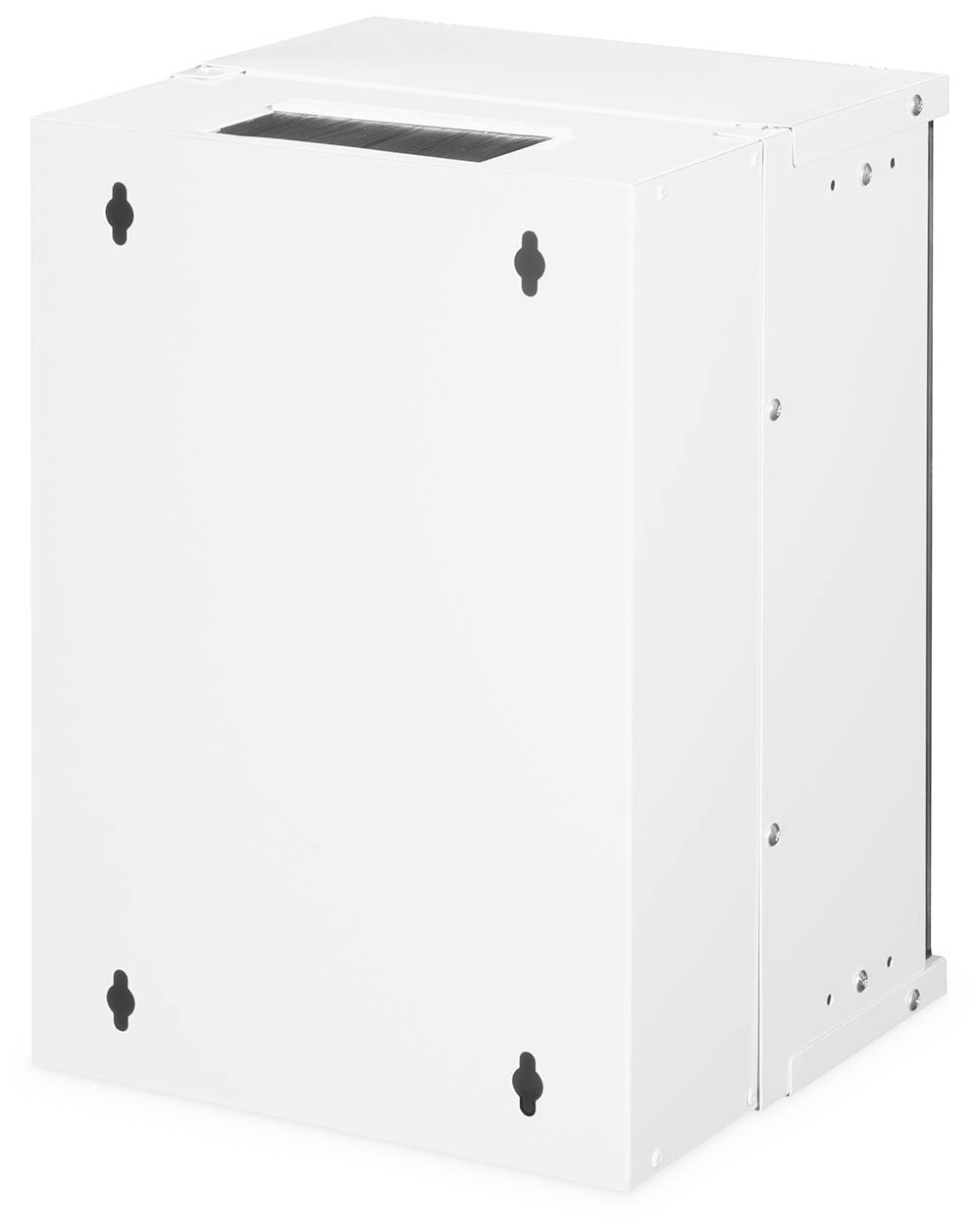 Weiße, rechteckige Metallbox mit kleinen runden Löchern an den Ecken und einem rechteckigen Gitter oben.