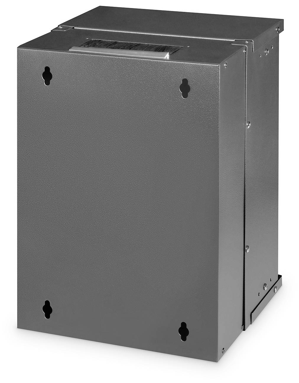 Ein graues, rechteckiges Metallgerät mit Lüftungsschlitzen oben. Möglicherweise ein technisches Gehäuse oder Kasten für elektrische Geräte.