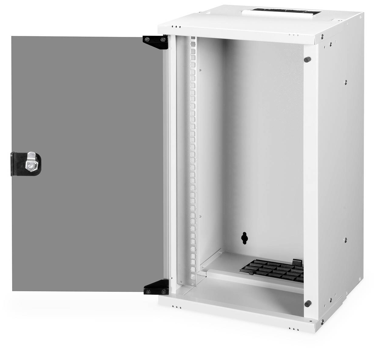 Ein offener weißer Wandschrank mit 19-Zoll-Rack-Schienen, geeignet für die Aufbewahrung von Netzwerk- und Serverausrüstung.