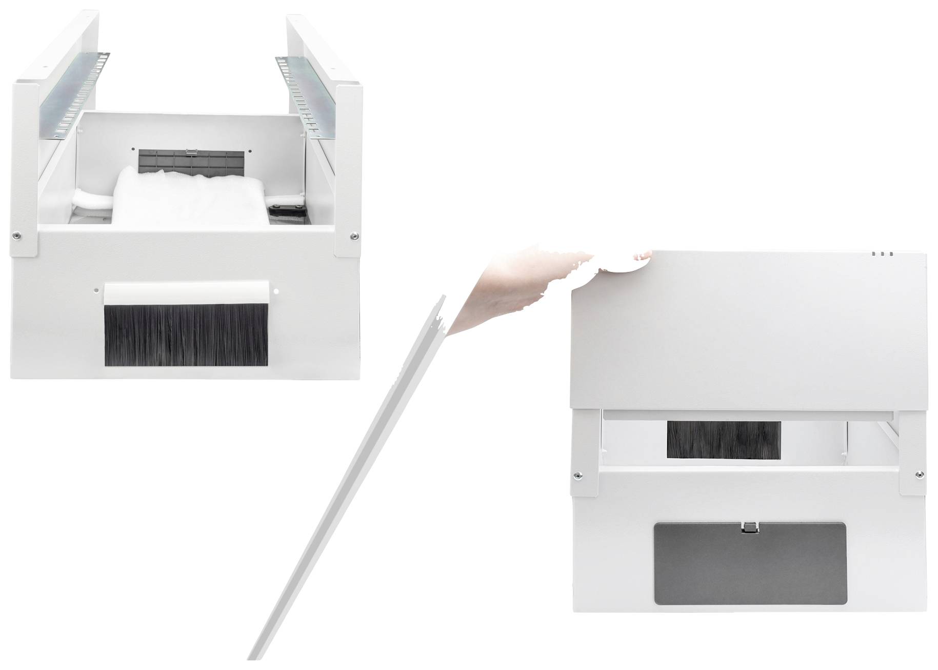 Eine weiße automatisierte Maschine mit einem Bürstenmechanismus und zwei Öffnungen. Eine Hand hebt die obere Abdeckung an.
