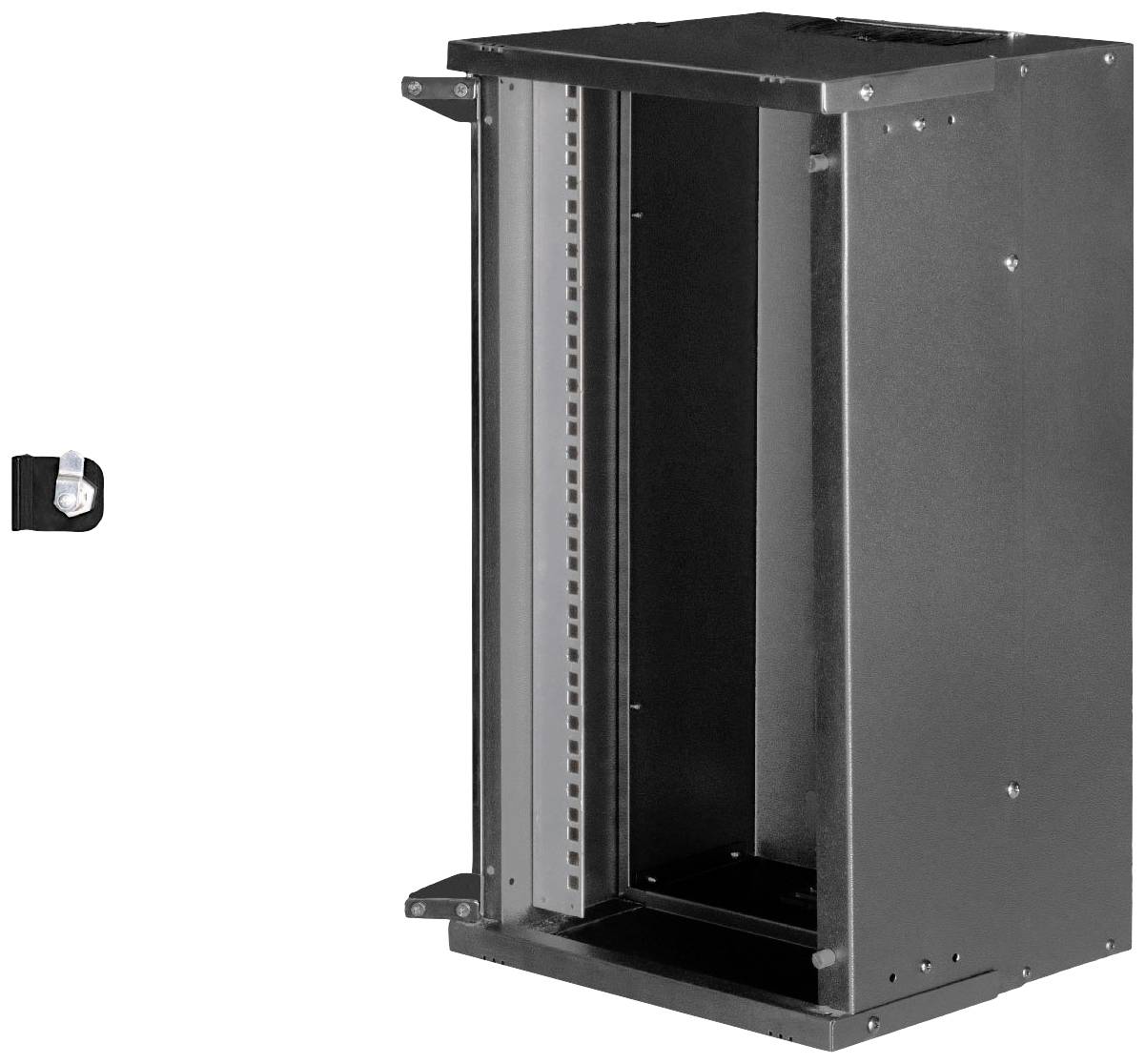 Schwarzes wandmontierbares Server-Rack ohne Türen, rechts von einer wandbefestigten kleinen Halterung im selben Farbton.