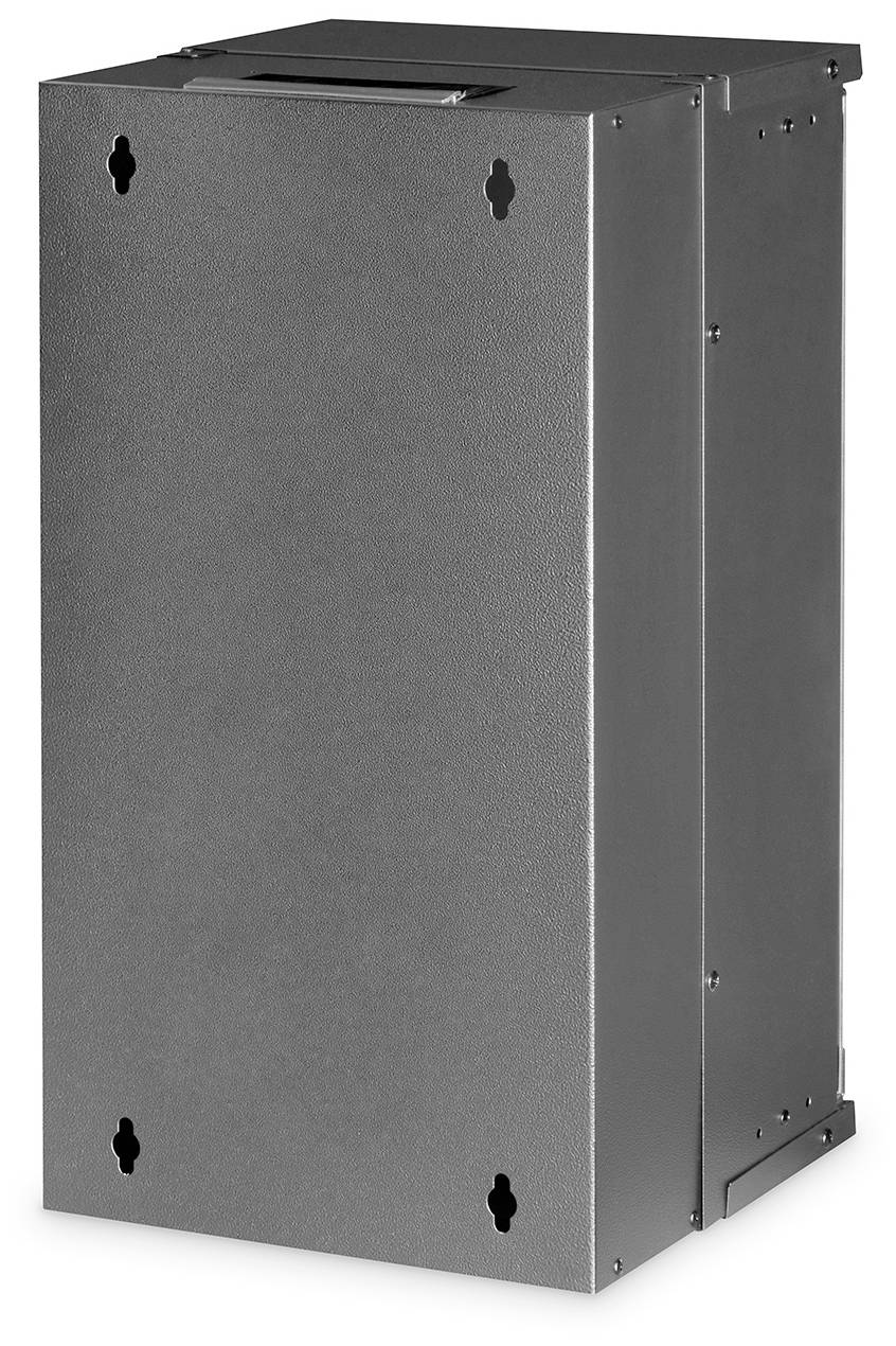 Metallkasten mit rechteckiger Form und vier Schraublöchern. Hochformatige Ansicht, glatte Oberflächenstruktur.