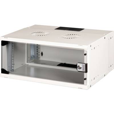 Weißes, leeres Rack-Gehäuse mit zwei Lüftungsöffnungen oben und einem Verriegelungsmechanismus an der Vorderseite.