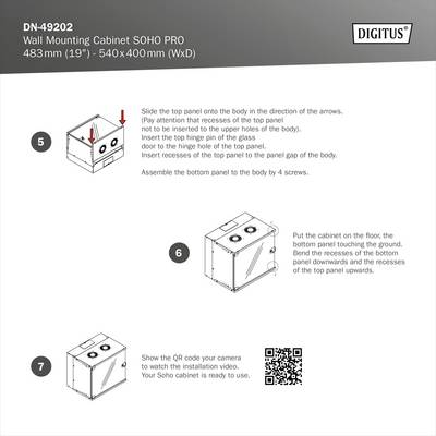 'Anleitung zur Montage des Digitus Wandgehäuses' zeigt Schritt-für-Schritt-Diagramme zur Befestigung von Paneelen am Gehäuse. QR-Code für weitere Infos.