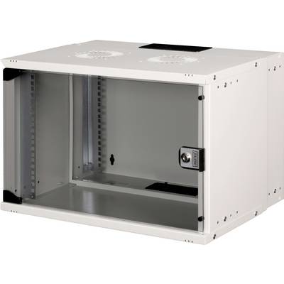 Weißer, leerer Netzwerk-Schrank mit Glastür und Lüftungsschlitzen oben, geeignet zur Lagerung von Server-Equipment in Büros oder Rechenzentren.
