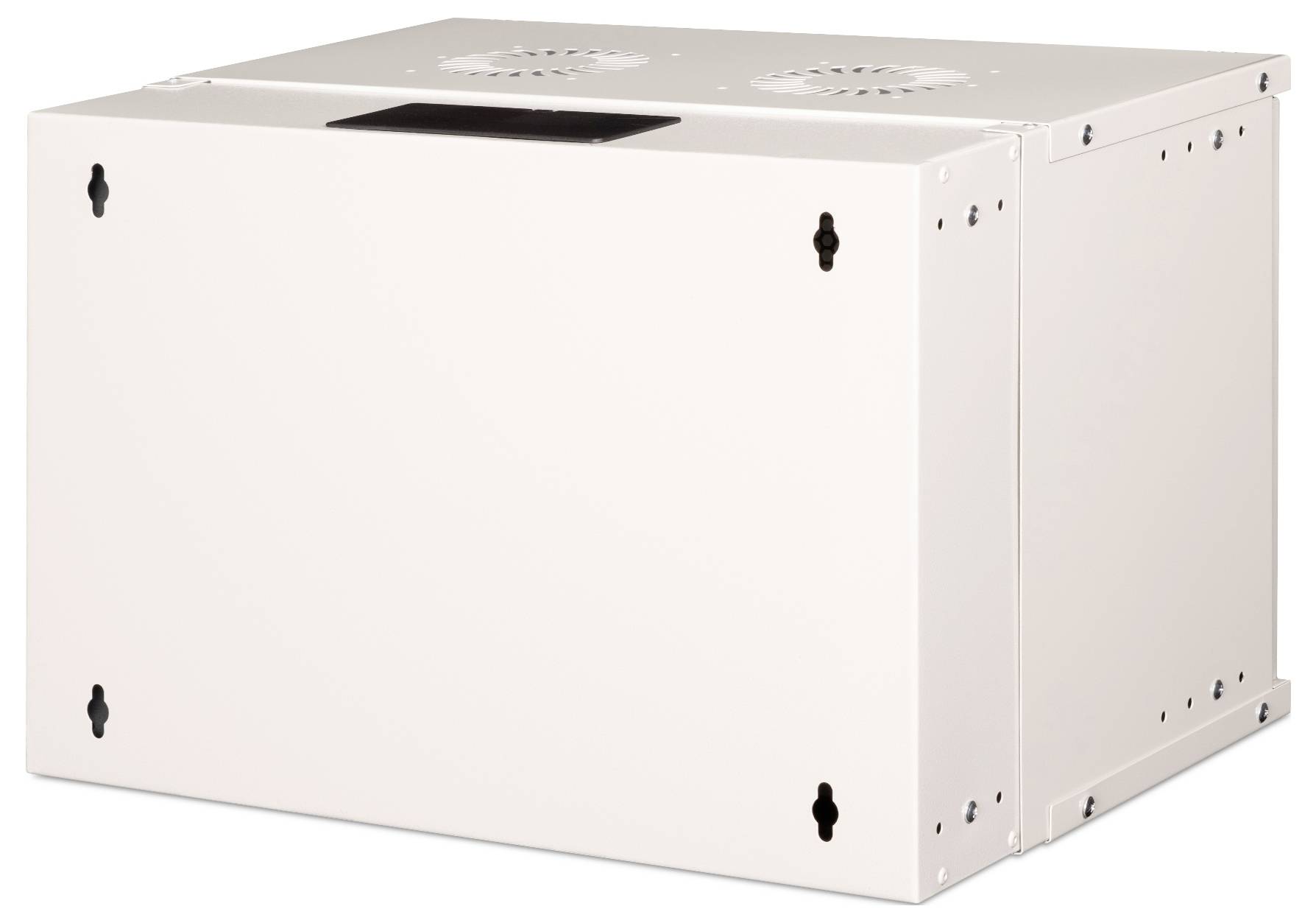 Ein rechteckiges, weißes Metallgehäuse mit Lüftungsschlitzen oben. Geeignet für technische Geräte oder Belüftungssysteme.