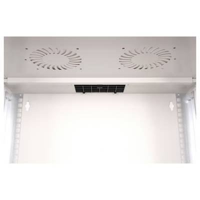 Ein leerer Metallschrank mit zwei Lüftungsöffnungen an der Decke, montierbar an die Wand mit vier Schrauböffnungen an den Ecken.