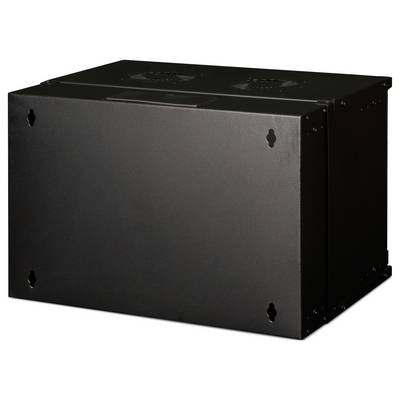 Schwarzes Rechteckgehäuse mit Lüftungsschlitzen und Befestigungslöchern an den Ecken, geeignet zur Wandmontage von Technikgeräten.