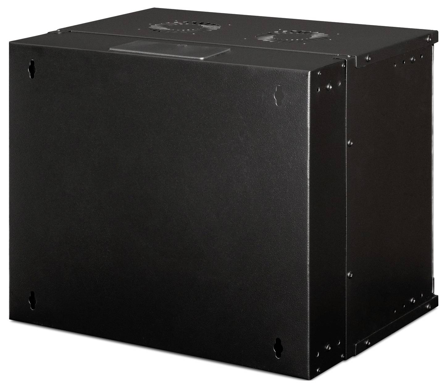 Ein schwarzer, quadratischer Metallkasten mit abgerundeten Ecken und sichtbaren Schrauben an den Kanten.