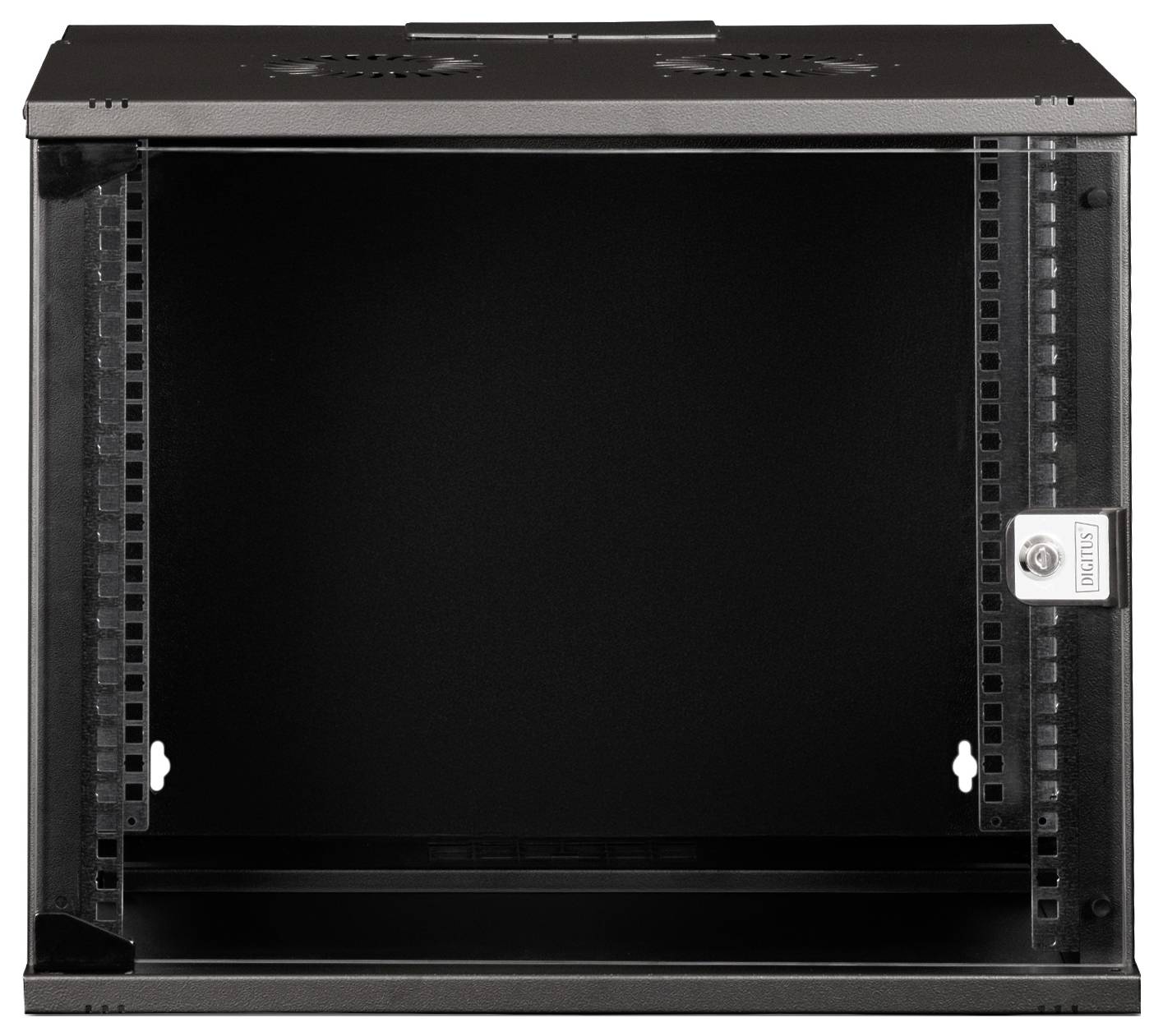 Ein leerer schwarzer Netzwerk-Wandverteiler mit Glasfront und Lüftungslöchern oben, geeignet zur IT-Geräteinstallation.