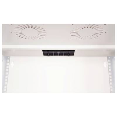Das Bild zeigt die Innenansicht eines weißen Kühlgeräts mit zwei Ventilatoren oben und einem rechteckigen Luftgitter in der Mitte.