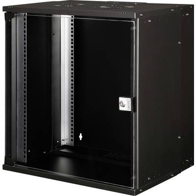 Schwarzer Wandmontage-Netzwerkschrank mit Glastür, seitlich offen, geeignet zur Aufbewahrung von Netzwerkgeräten in Büros.