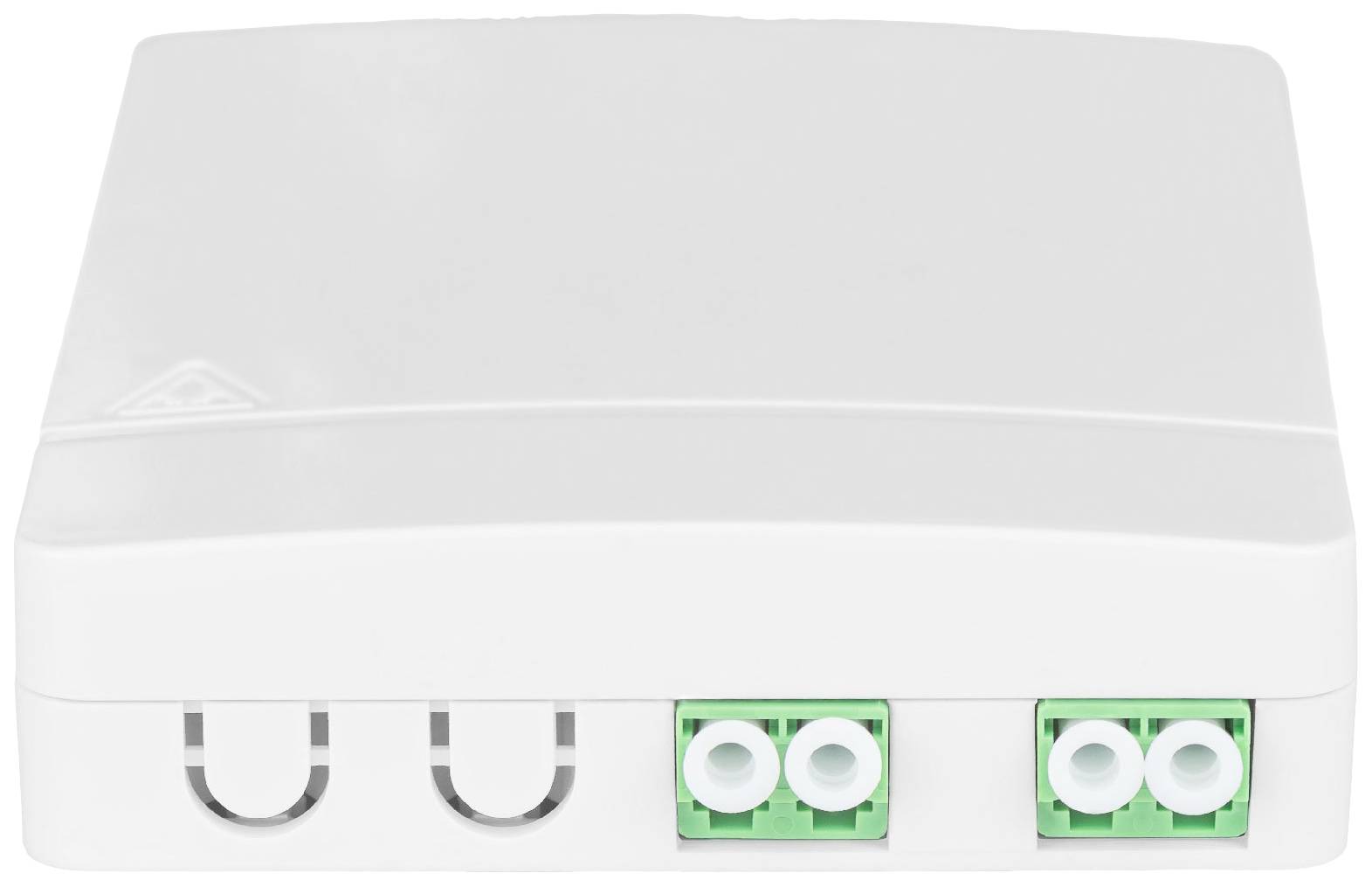 Weiße, rechteckige Anschlussbox mit zwei grünen Steckern an der unteren Kante. Geeignet zur Verkabelung elektrischer oder digitaler Verbindungen.