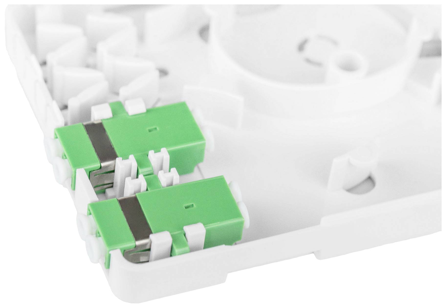 Zwei grüne Glasfaser-Adapter in einem weißen Kunststoffgehäuse.