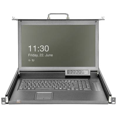 Ein Rackmount-Computer mit integriertem Bildschirm und Tastatur zeigt die Uhrzeit '11:30' und das Datum 'Freitag, 22. Juni'.
