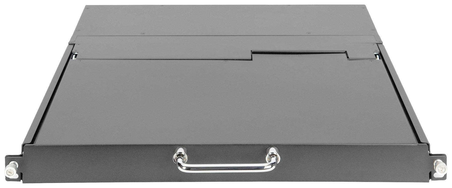 Metallgraue, geschlossene Schublade mit einem Griff in der Mitte.