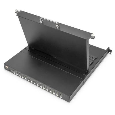 Ein schwarzer, aufklappbarer KVM-Switch mit Tastatur und USB-Anschlüssen, geeignet zur Steuerung mehrerer Computer.