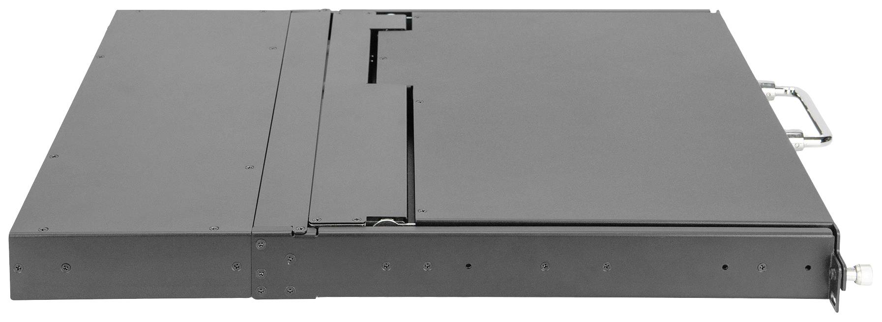 Ein flaches, schwarzes Gerät mit Metallgehäuse und seitlichen Griffen.