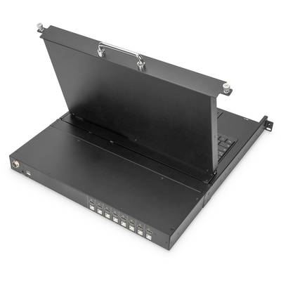 Ein tragbarer KVM-Switch mit aufklappbarer Tastatur und integriertem Bildschirm. Ports und Bedienelemente sind an der Vorderseite sichtbar.