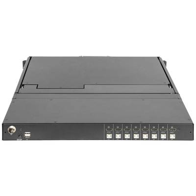 Ein schwarzer Rackmount-KVM-Switch mit mehreren HDMI-Ports auf der Vorderseite, geeignet zur Verwaltung mehrerer Computer.