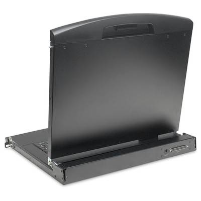 'Rackmount Konsole mit Tastatur' von hinten gezeigt, Bildschirm halb geöffnet.