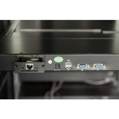 Netzwerk- und Computeranschlüsse an einem Gerät. Zeigt Ethernet-, USB-, VGA- und RoHS-Anzeige für Konnektivität und Zertifizierung.