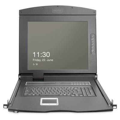 Ein schwarzer Laptop mit integriertem Bildschirm und Tastatur auf einem Tisch. Der Bildschirm zeigt Datum und Uhrzeit an: '11:30, Freitag, 22. Juni'.