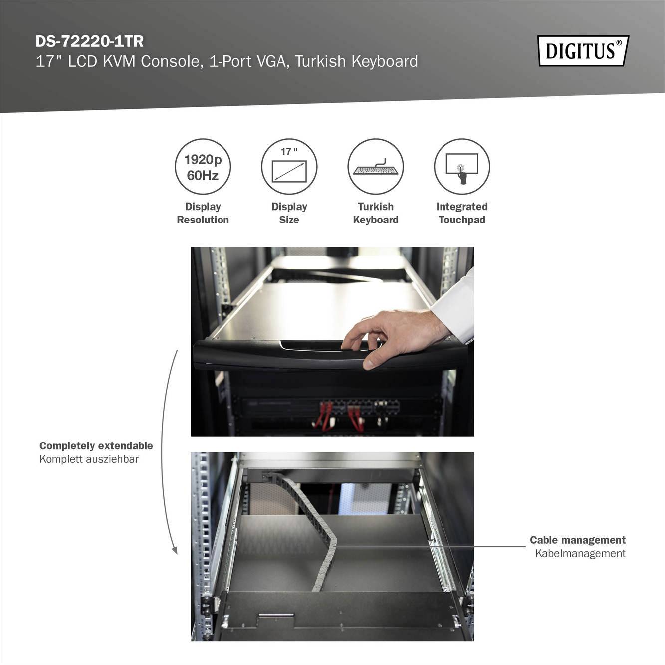 Ein KVM-Konsole mit 17-Zoll-LCD-Display, 1-VGA-Anschluss, türkischer Tastatur und Touchpad. Unterstützt 1920p 60Hz Auflösung.