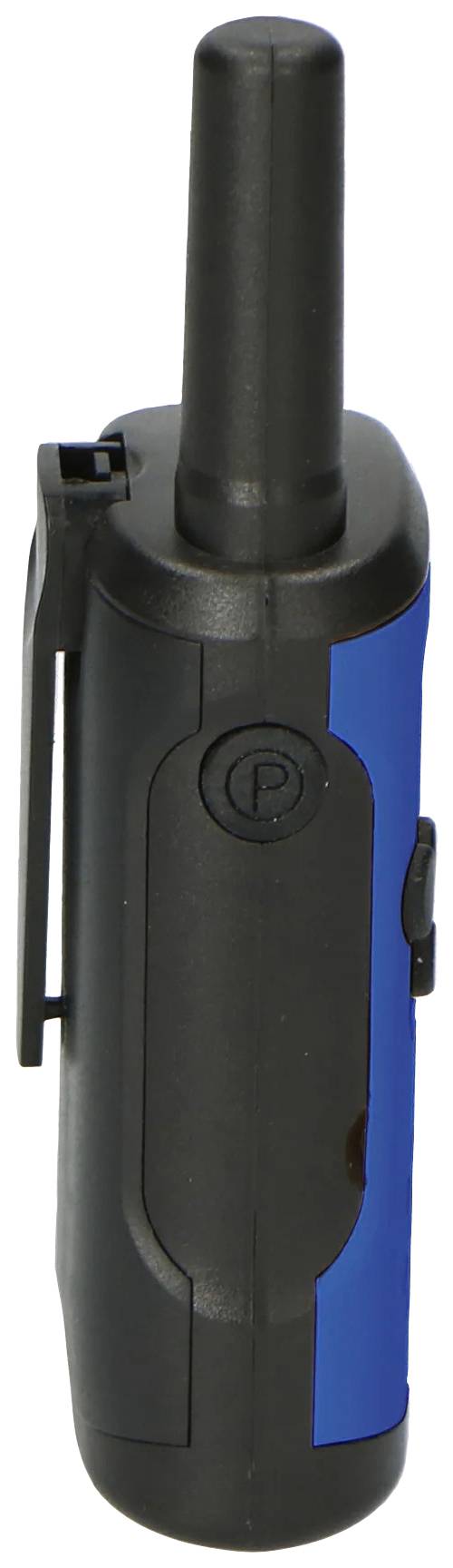 Ein tragbares blau-schwarzes Walkie-Talkie mit Antenne und seitlichen Bedientasten, stehend aufrecht gesehen.
