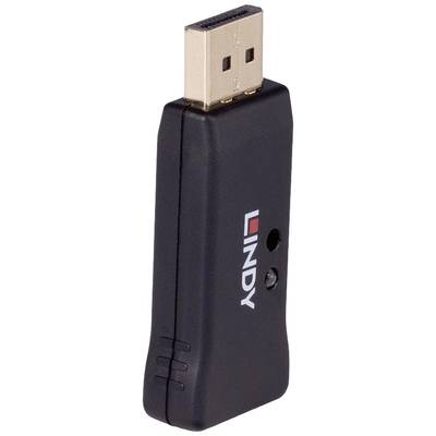Schwarzer USB-Stecker mit der Aufschrift 'LINDY' in Weiß und Rot auf der Seite, zeigt die Vorderansicht des Geräts.