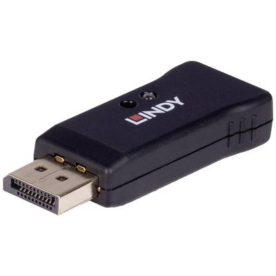 Ein schwarzer Adapter mit einem DisplayPort-Stecker und einer LED-Anzeige, trägt die Aufschrift 'LINDY' auf der Oberseite.
