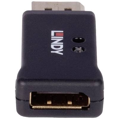 Schwarzer HDMI-Adapter der Marke Lindy mit weiblichem HDMI-Anschluss vorne und männlichem HDMI-Stecker oben, kompakte Bauweise.