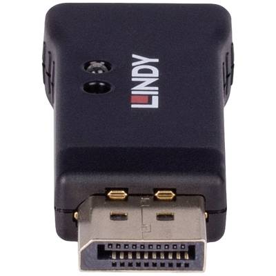 Schwarzer DisplayPort-Adapter mit metallischem Anschluss, Markenname 'LINDY' aufgedruckt. Verbindet DisplayPort mit anderen Geräten.