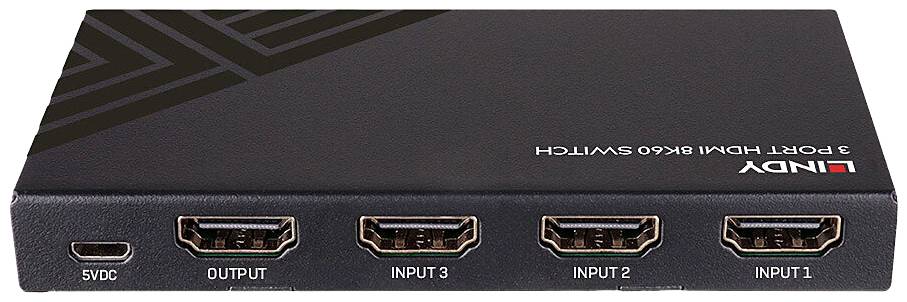 Ein schwarzer HDMI-Switch mit der Aufschrift 'LINDY', verfügt über einen Ausgang und drei Eingänge, geeignet für 4K60 Videoübertragung.