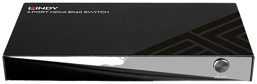 Schwarzer HDMI-Schalter mit drei Anschlüssen, Marke Lindy. Vorderseite mit '3 Port HDMI 8K60 Switch' Text und einem Auswahlknopf rechts.