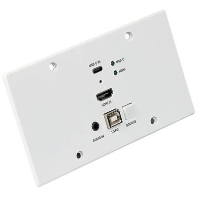 Weiße Wandplatte mit Anschlüssen: zwei USB-C, HDMI, Audio, PC und einer Taste zur Quellenwahl.