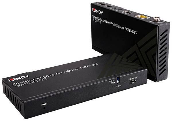 LINDY Cat.6 HDBaseT KVM Extender HDMI®, Infrarot, USB-A (USB 2.0) HDBaseT Extender Set (Sender + Empfänger) über Netzwerkkabel RJ45 150 m