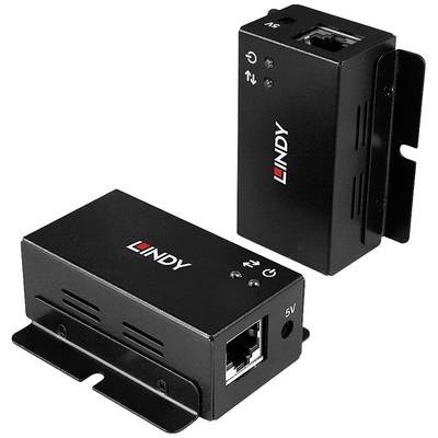 Zwei schwarze Ethernet-Adapter mit dem Logo 'LINDY', einer vertikal, einer horizontal platziert, zeigen Anschlüsse und Halterungen.