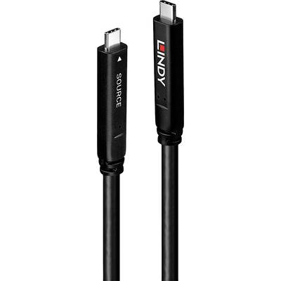 Zwei schwarze USB-C-Kabel mit der Aufschrift 'SOURCE' und 'LINDY', geeignet für Datenübertragung und Stromversorgung.