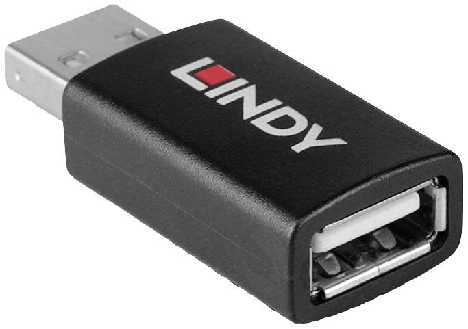 Ein schwarzer USB-A-Adapter mit der Aufschrift 'Lindy' in weiß und rot, er dient zum Verbinden von USB-Geräten.