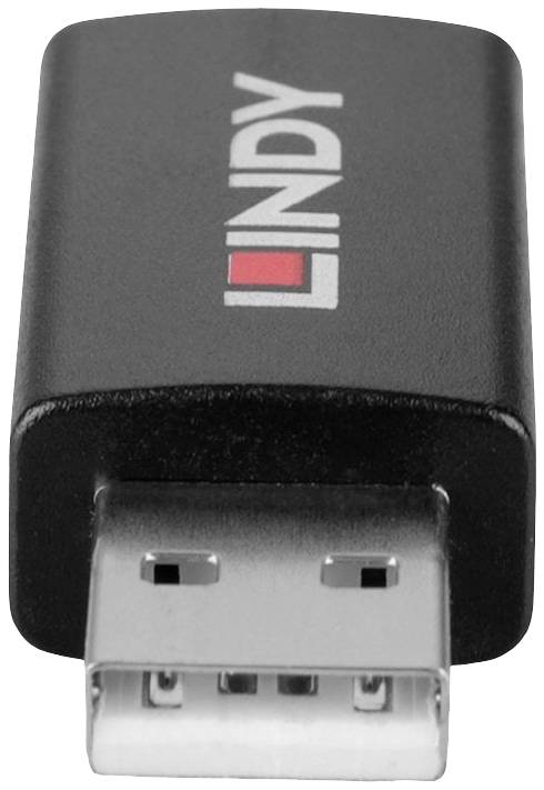 Schwarzer USB-Stecker mit dem Logo 'LINDY' aufgedruckt.
