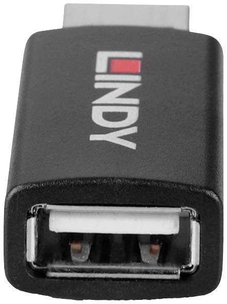 'Schwarzer USB-Adapter mit LINDY-Logo, zeigt eine USB-A-Buchse an einem Ende und einen kleinen Anschluss am anderen Ende.'