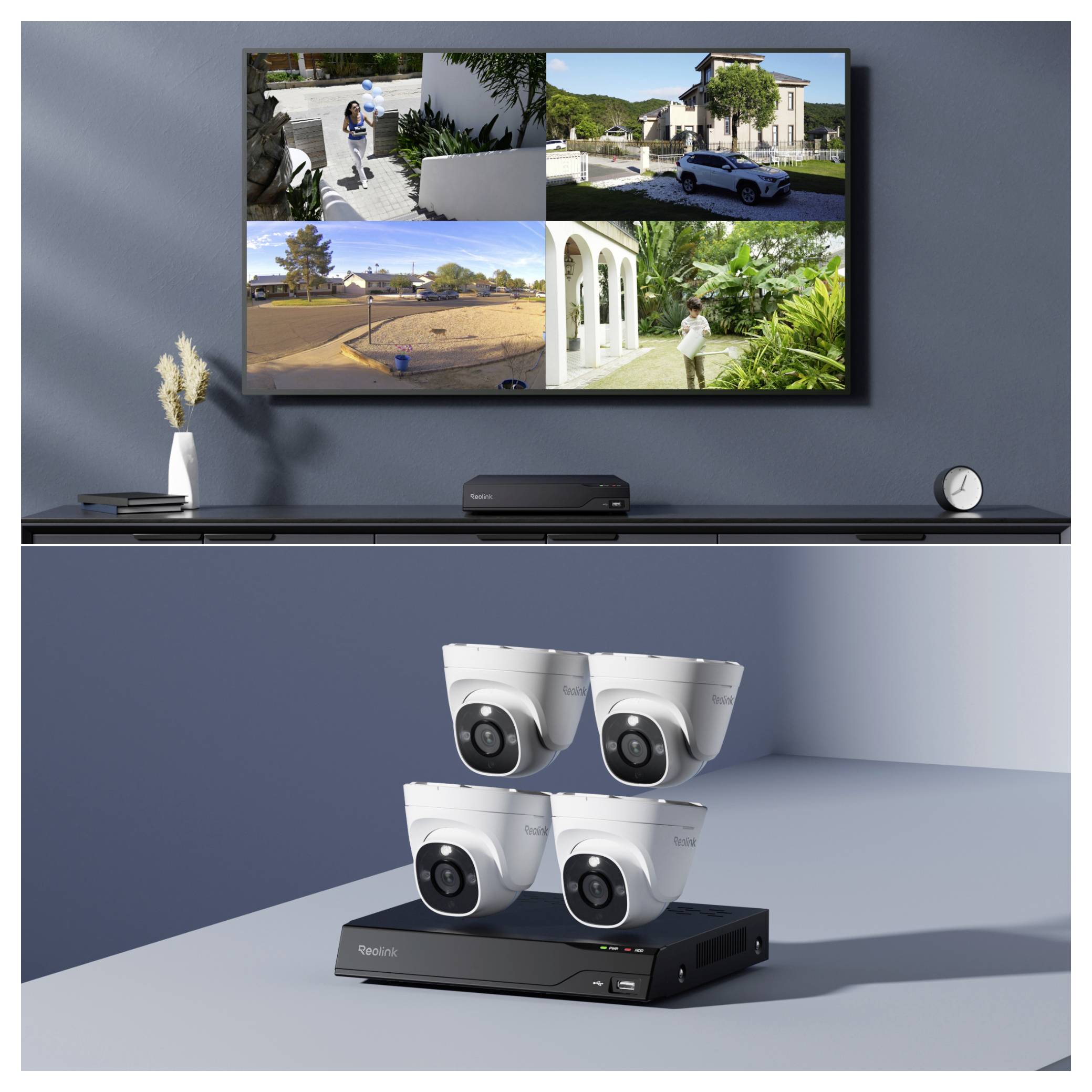 Ein Sicherheitssystemdisplay zeigt vier Videobilder zur Überwachung der Außenbereiche eines Hauses. Vier Kameras sind auf einem Regal unterhalb eines DVR-Geräts positioniert.