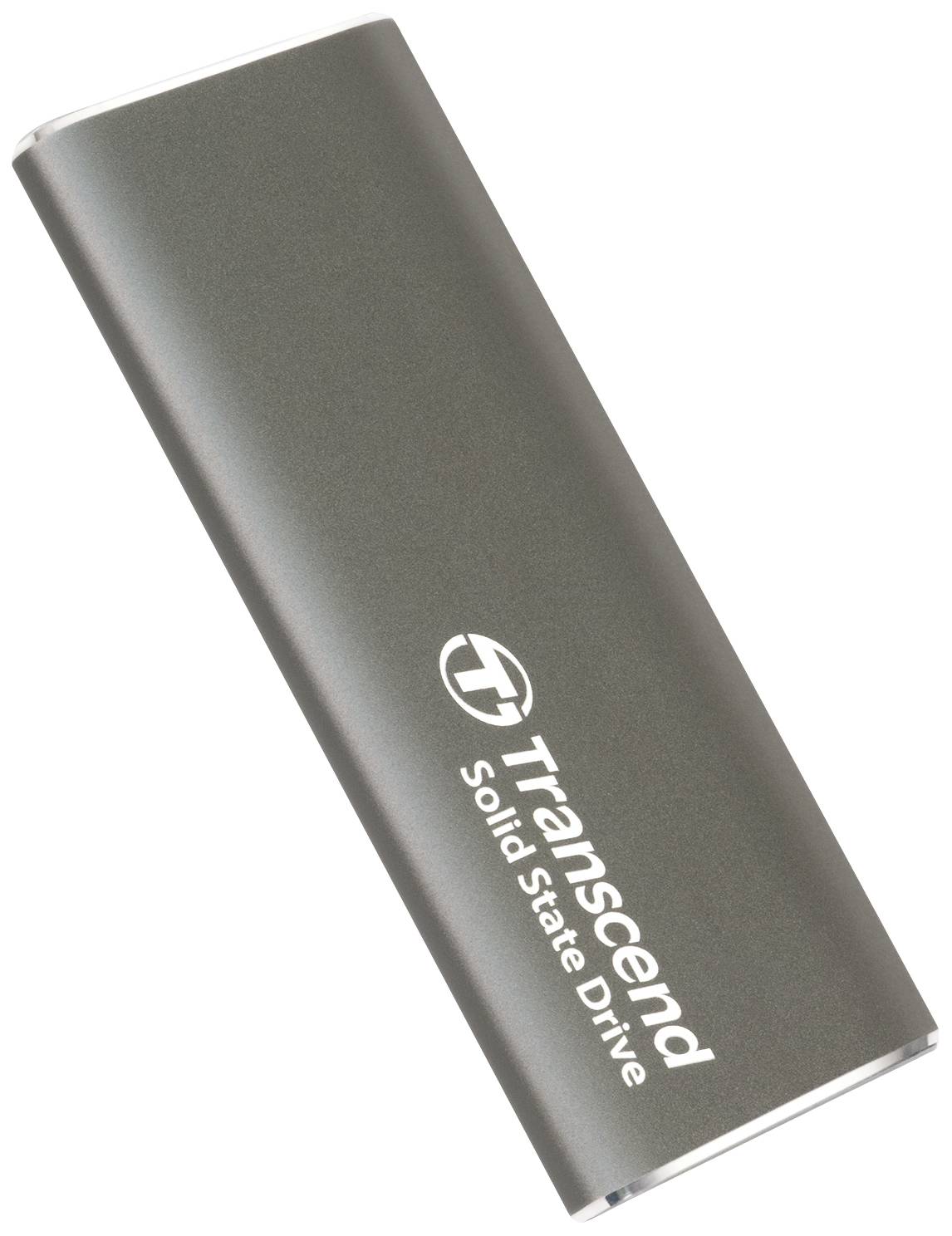 Externe grau-schwarze SSD von Transcend, rechteckig, mit der Aufschrift 'Transcend Solid State Drive' auf der Oberfläche.