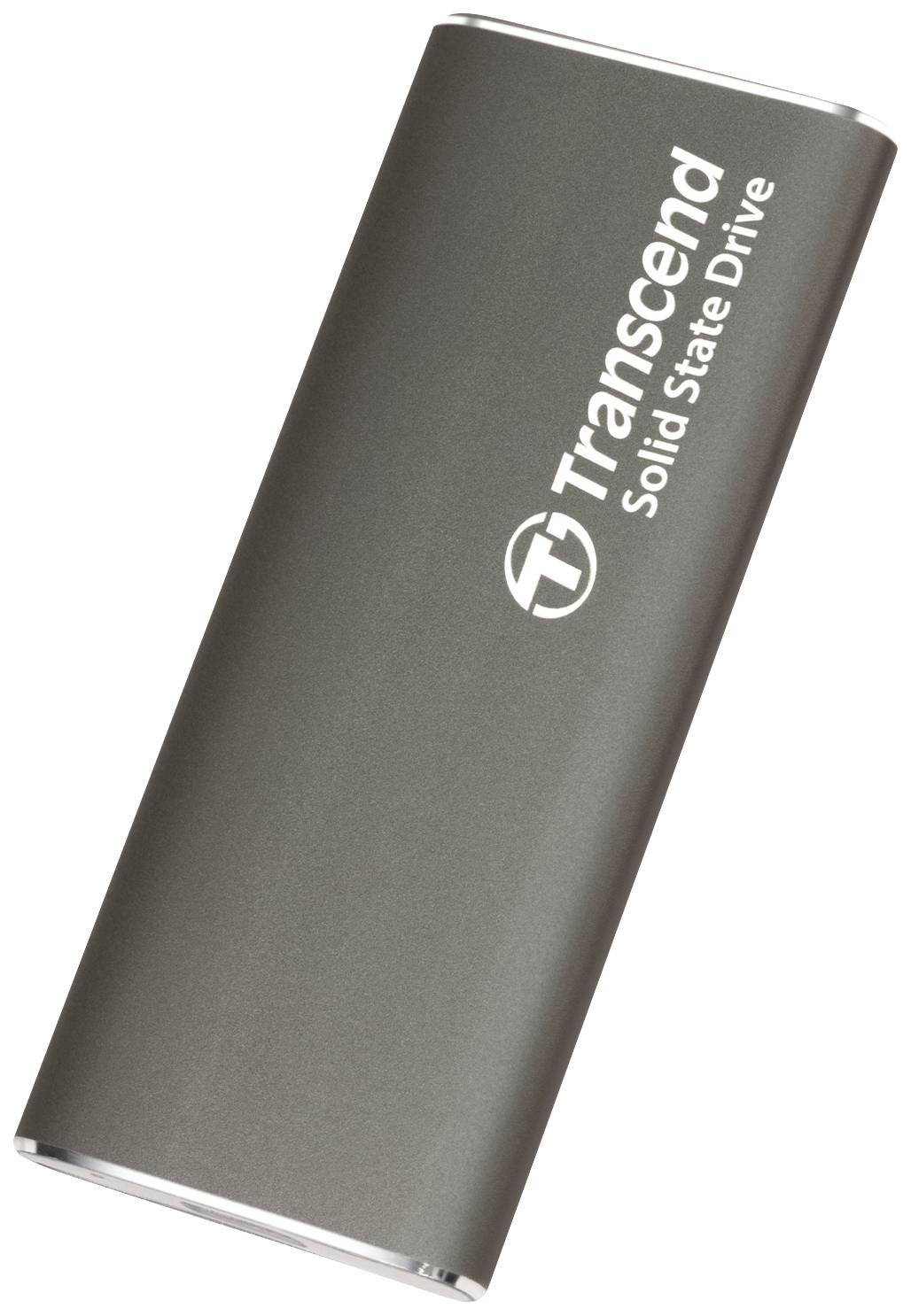 Ein tragbares Solid State Drive (SSD) von Transcend mit einem schlanken, metallischen Design, darauf steht 'Transcend Solid State Drive'.