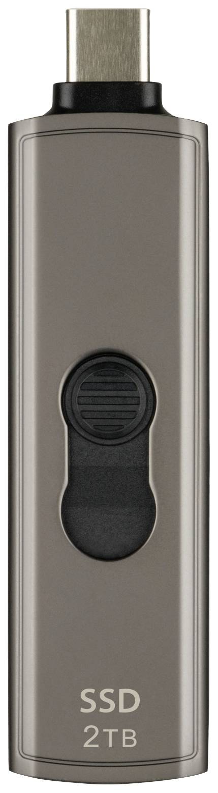 Externe SSD, 2 TB, kompakte Bauweise, USB-C-Anschluss oben, Schalter in der Mitte für einfachen Zugriff und Transport.