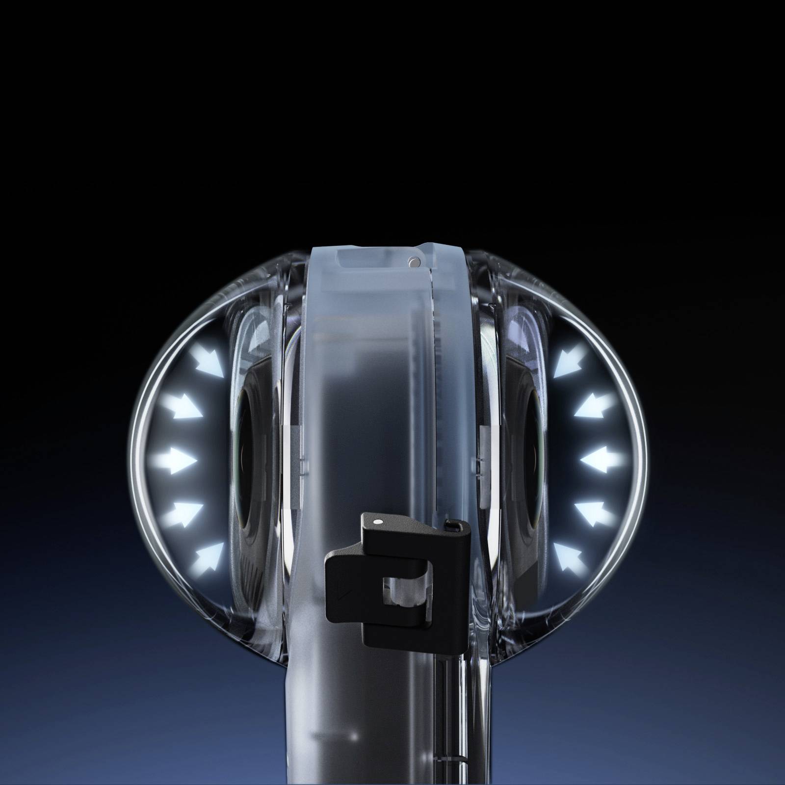 Transparente 3D-Darstellung eines rotierenden Mechanismus mit Pfeilen, die die Drehrichtung anzeigen, vor schwarzem Hintergrund.