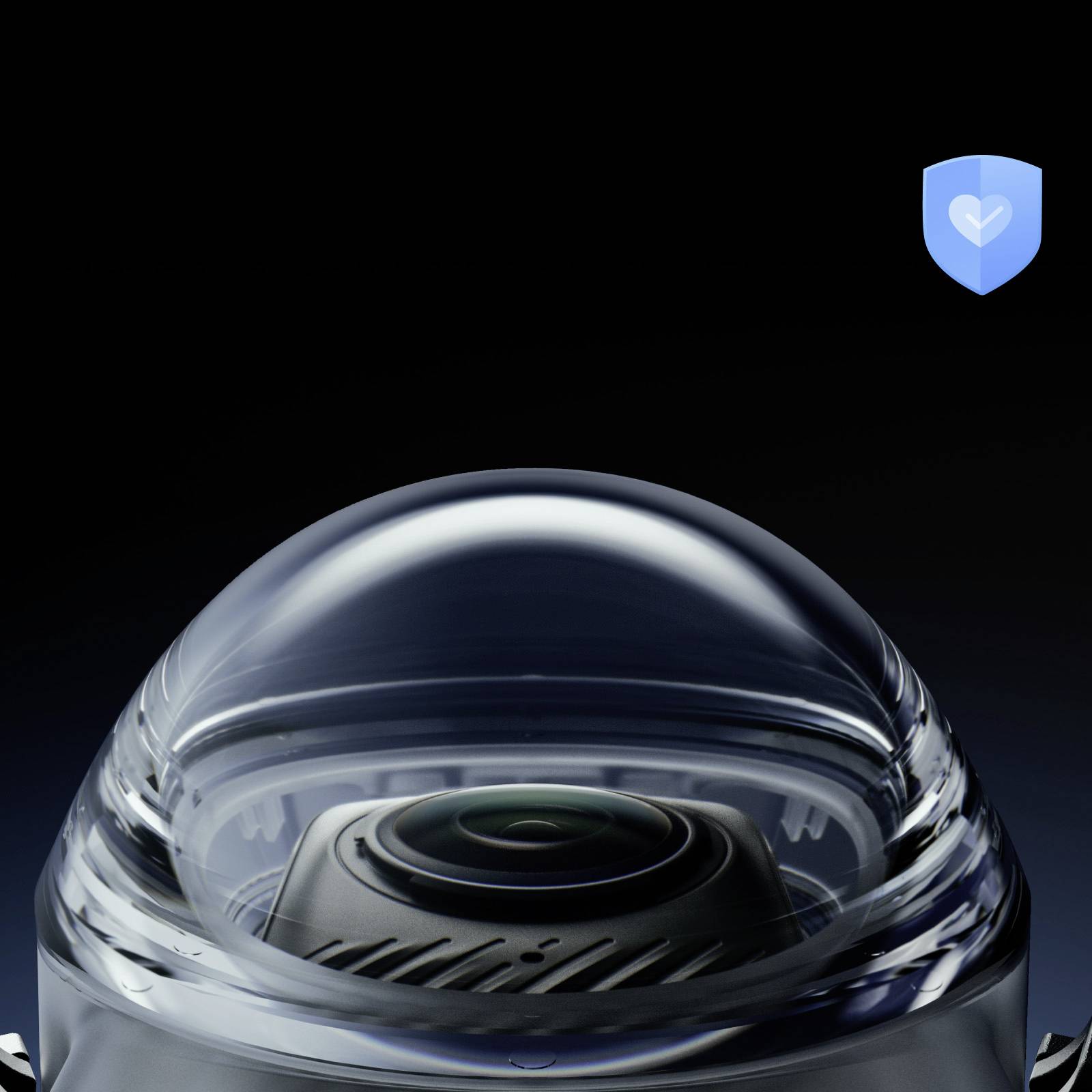Ein transparenter Schutzkopf mit einem runden Gerät darunter. Oben rechts ein blaues Schildsymbol mit einem weißen Herz darin.