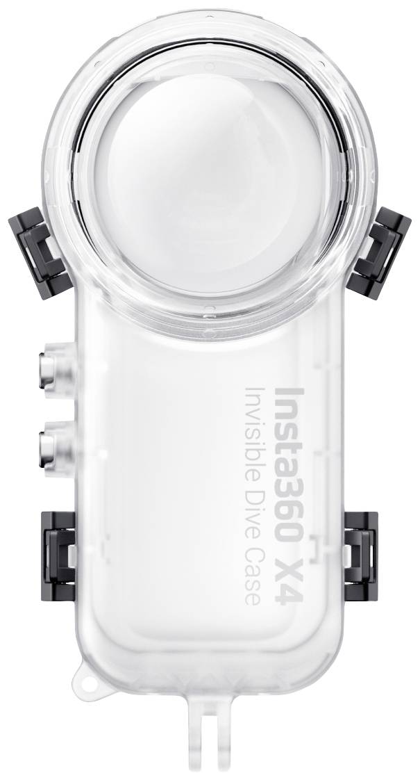 Unterwassergehäuse 'Insta360 X4 Invisible Dive Case'. Durchsichtig, robust, mit seitlichen Verschlüssen und Bedienelementen.